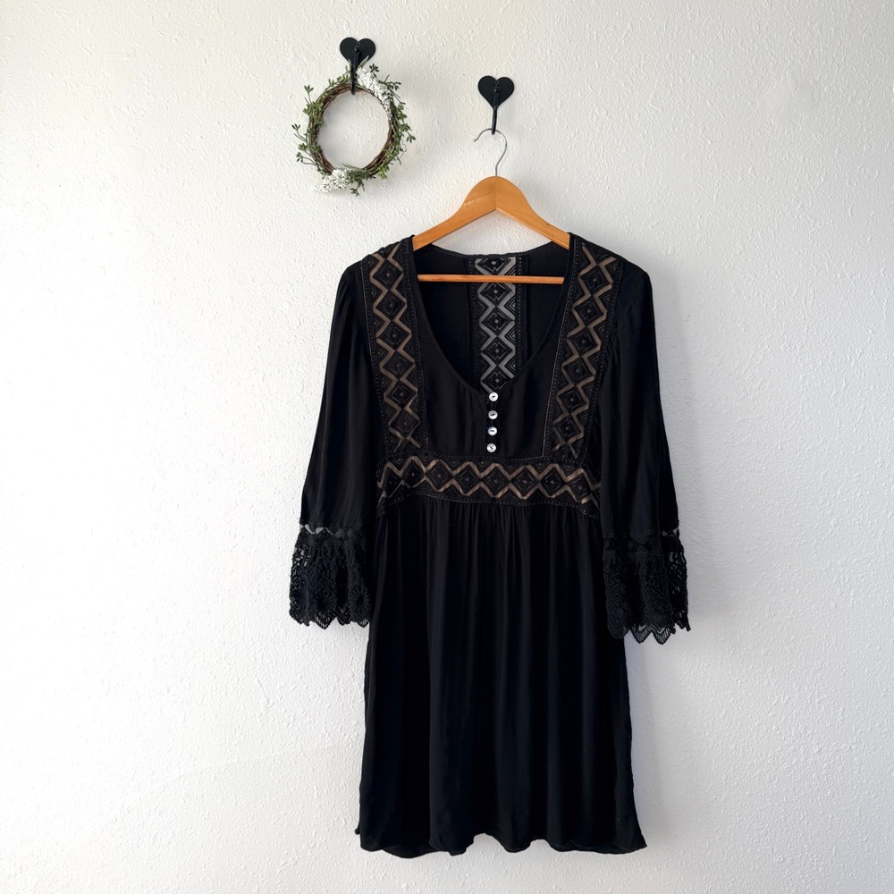Black Boho Lace Bell Sleeve Dress | Flowy - Picture 2 of 4